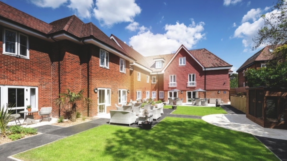 Care homes community with green grass on a sunny day